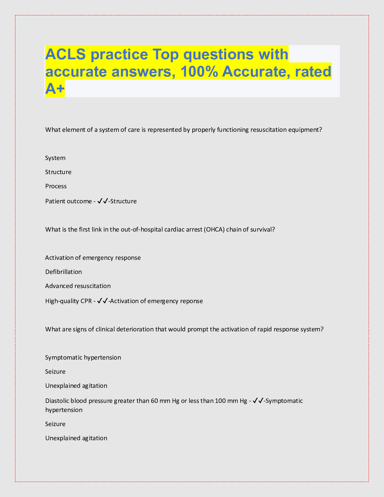 Preview image for ACLS practice Top questions with  accurate answers, 100% Accurate, rated  A+